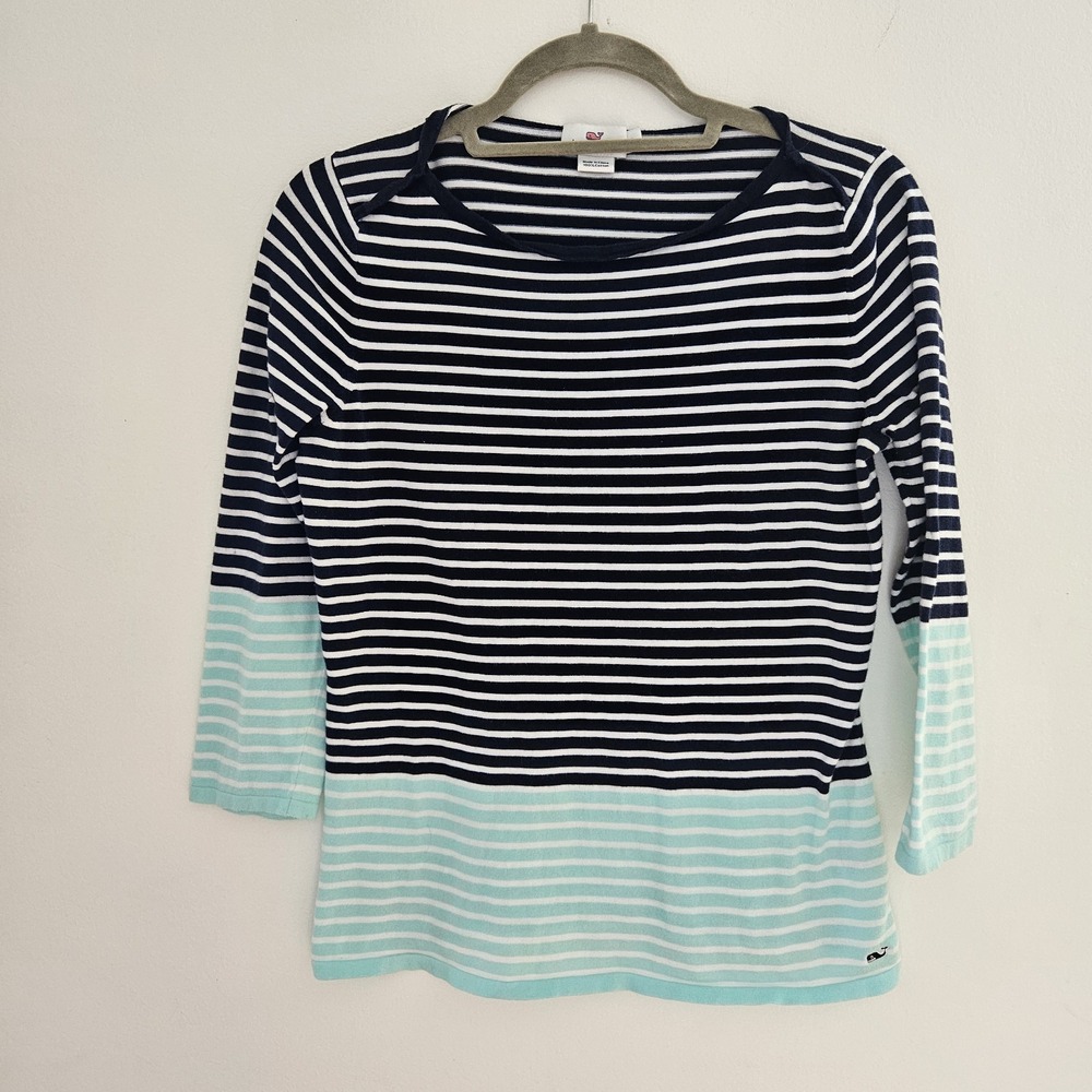 Women's Vineyard Vines White Blue Striped Blouse Top Size L Navy Teal 3/4 Sleeve